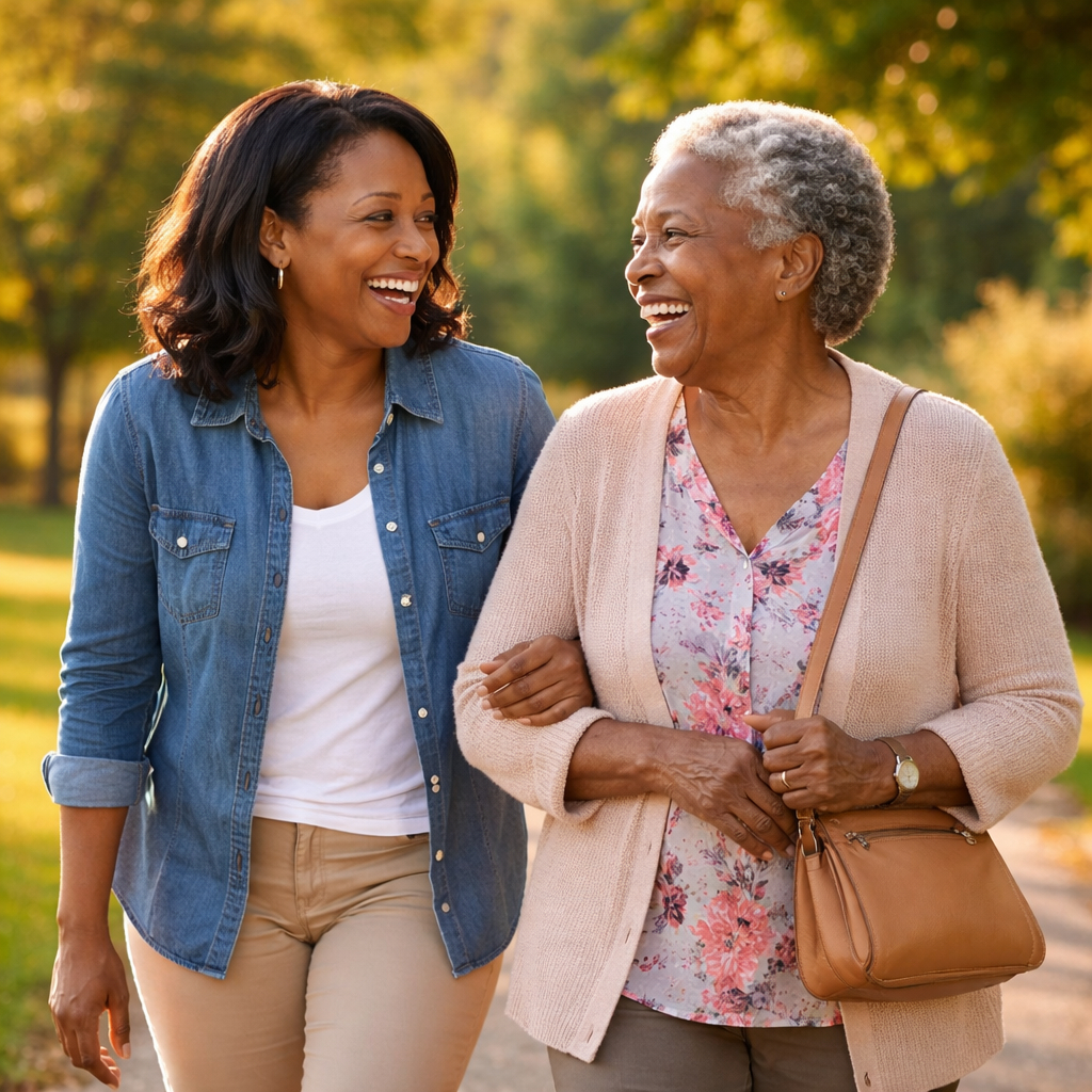 Friendly companion caregiver talking with elderly person