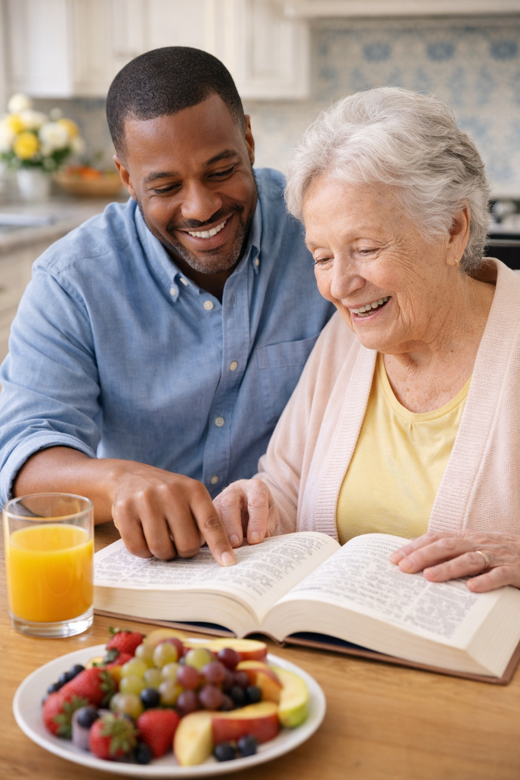 Caregiver sharing a warm moment with senior client at home