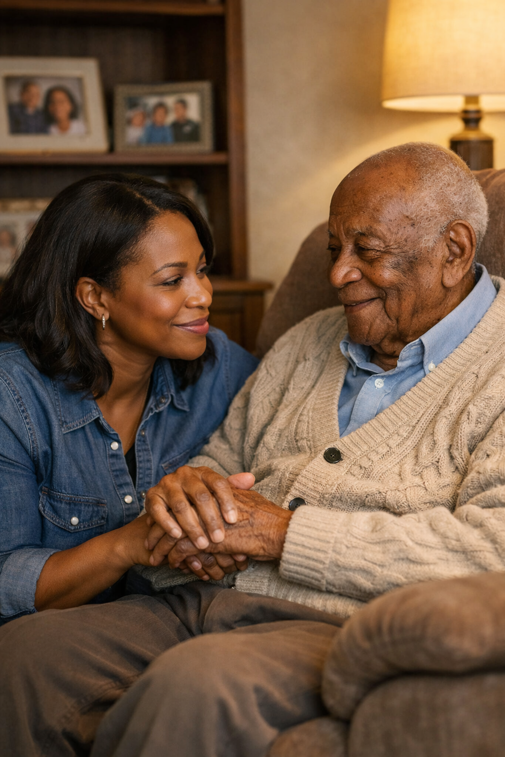 Friendly Nagbe caregiver with a senior client in a warm Liverpool NY home setting
